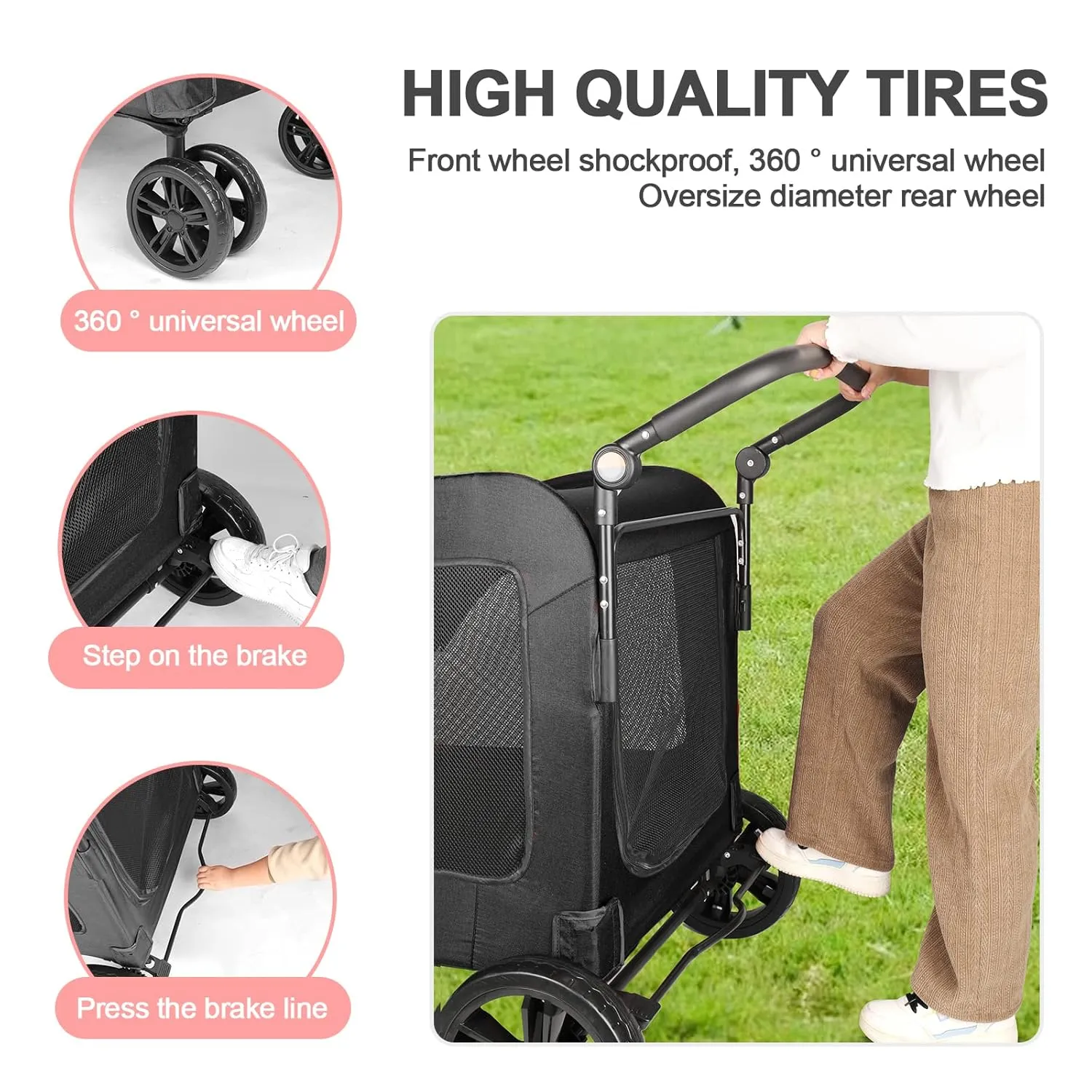 Dog Stroller Foldable Pet Jogger Strollers for Single or Multiple Medium and Large Dogs Travel Carrier Breathable Animal Stroller with 4 Wheels, Adjustable Handle, Zipper Entry,Up to 160 lbs (Black)