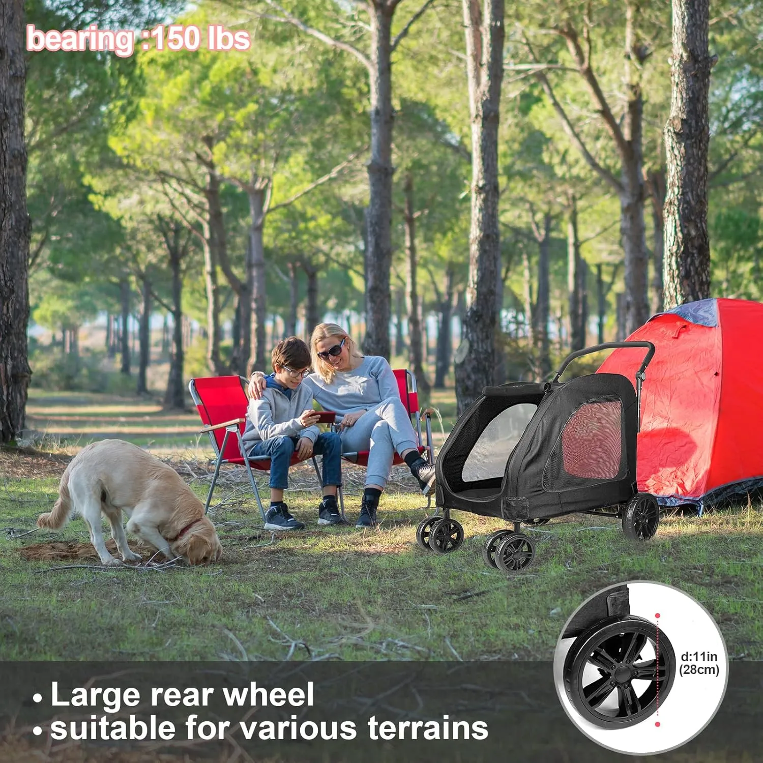 Dog Stroller Foldable Pet Jogger Strollers for Single or Multiple Medium and Large Dogs Travel Carrier Breathable Animal Stroller with 4 Wheels, Adjustable Handle, Zipper Entry,Up to 160 lbs (Black)