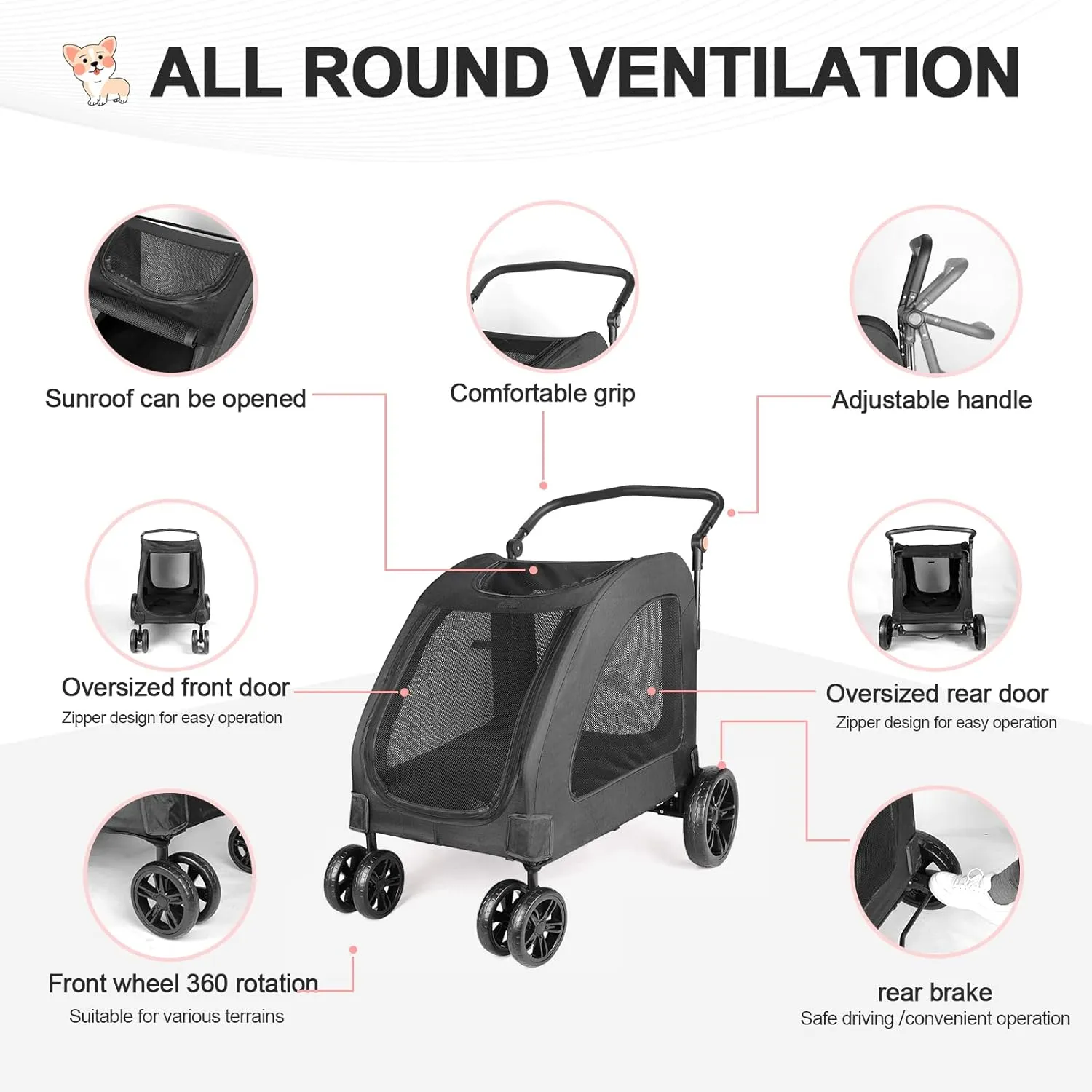 Dog Stroller Foldable Pet Jogger Strollers for Single or Multiple Medium and Large Dogs Travel Carrier Breathable Animal Stroller with 4 Wheels, Adjustable Handle, Zipper Entry,Up to 160 lbs (Black)
