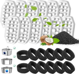 DOOOB Cat Water Fountain Filters, 12 Packs, Compatible with 3.2L/108oz Stainless Steel Cat Fountain, Triple Filtration System, 12 Filters & 12 Sponges