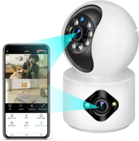 Dual Lens Wireless Security Camera Indoor, 2MP 2MP 2.4GHz WiFi PTZ Security Camera with Color Night Vision, Motion Detection, 2-Way Audio, Siren, 24/7 Recording for Home Pet Dog Cat Baby
