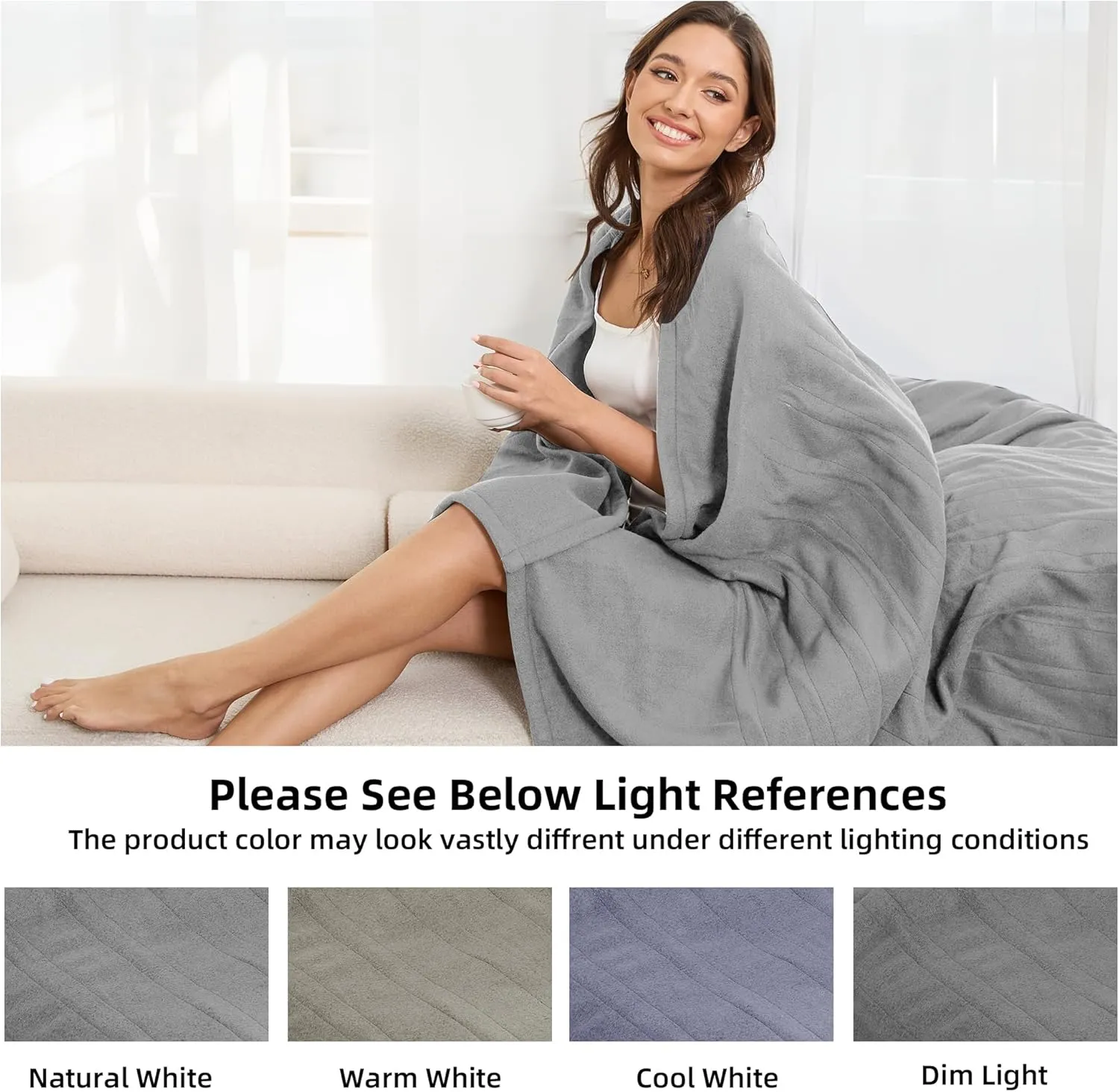 Electric Heated Blanket Full Size 72''x84'' Fleece Fabric Machine Washable Warm and Cozy, 4 Heating Levels & 10H Auto-Off, Light Grey