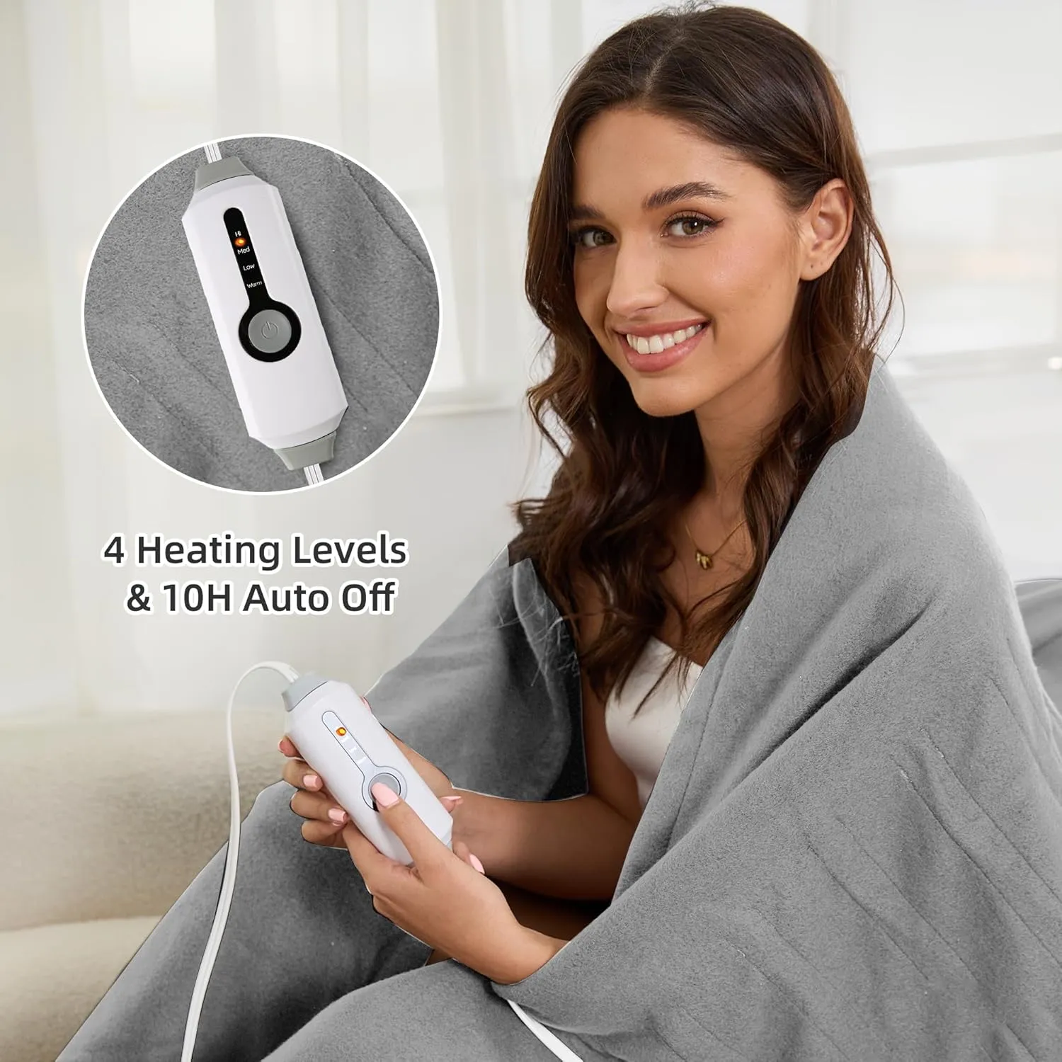 Electric Heated Blanket Full Size 72''x84'' Fleece Fabric Machine Washable Warm and Cozy, 4 Heating Levels & 10H Auto-Off, Light Grey