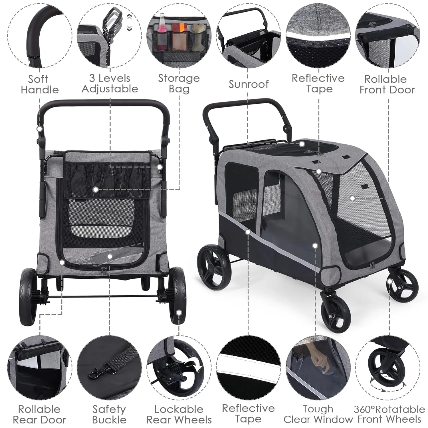 Extra Large Pet Stroller for Medium & Large Dogs - Foldable Design, Adjustable Handle, Up to 160 lbs