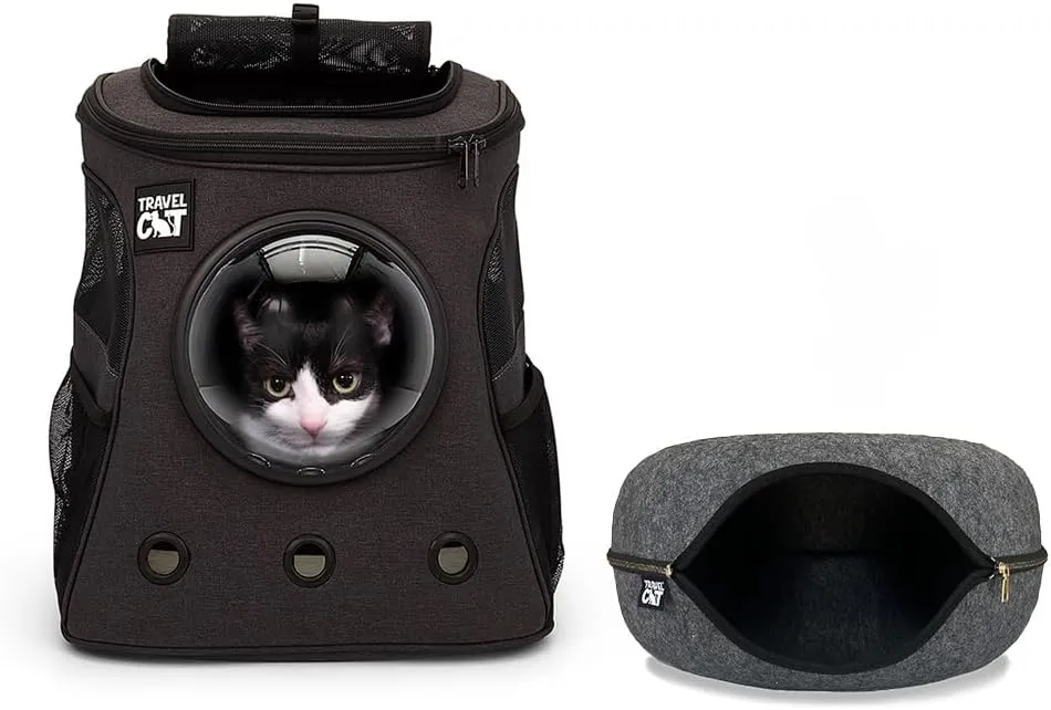 Fat Cat Backpack Carrier with Space Capsule Bubble & Travel Cat Tunnel Bed Cave  Airline Approved Pet Carrier & Cozy Donut Bed for Cats up to 25 lbs