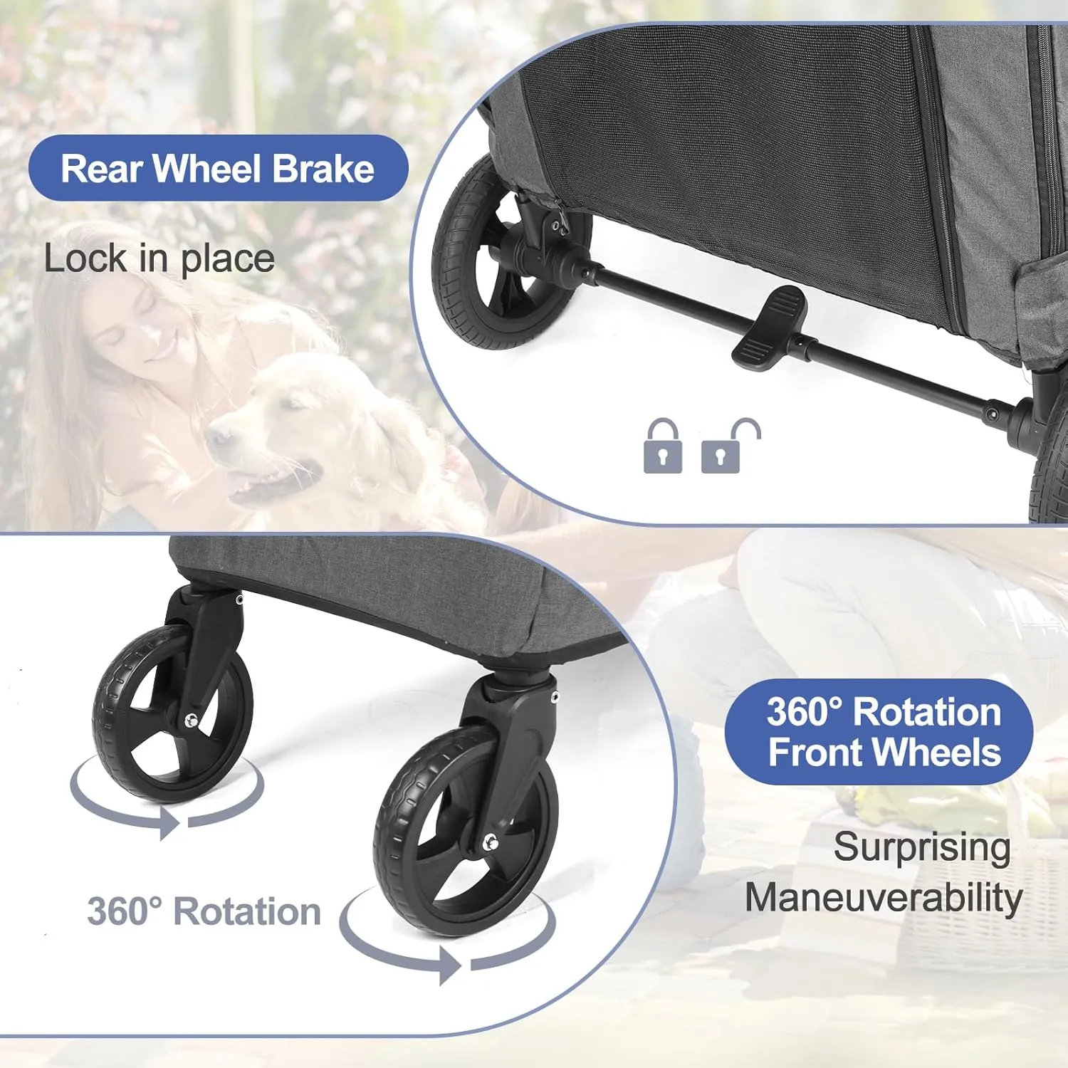 Foldable Pet Jogger for Single or Multiple Medium and Large Dogs - Breathable Animal Stroller with 4 Wheels, Adjustable Handle, Zipper Entry (Gray)