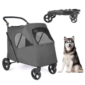 Foldable Pet Jogger for Single or Multiple Medium and Large Dogs - Breathable Animal Stroller with 4 Wheels, Adjustable Handle, Zipper Entry (Gray)