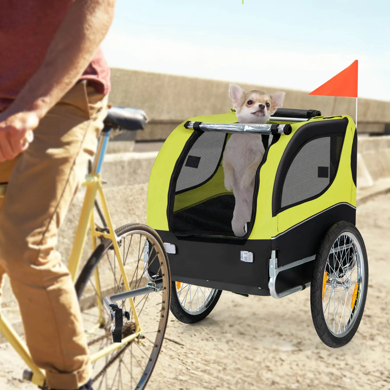 Folding Pet Bike Trailer with 3 Zippered Doors and 8 Reflectors-Green