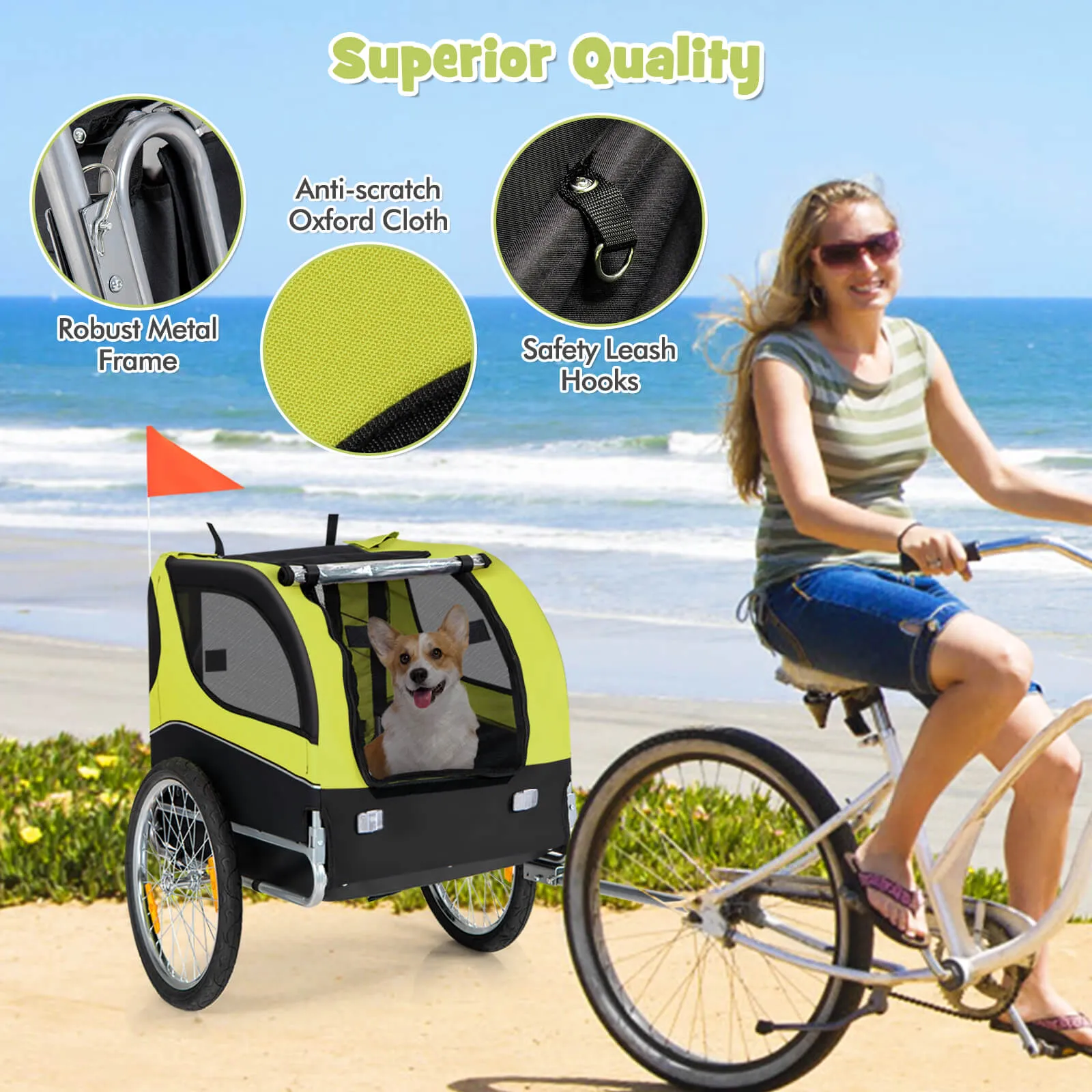 Folding Pet Bike Trailer with 3 Zippered Doors and 8 Reflectors-Green