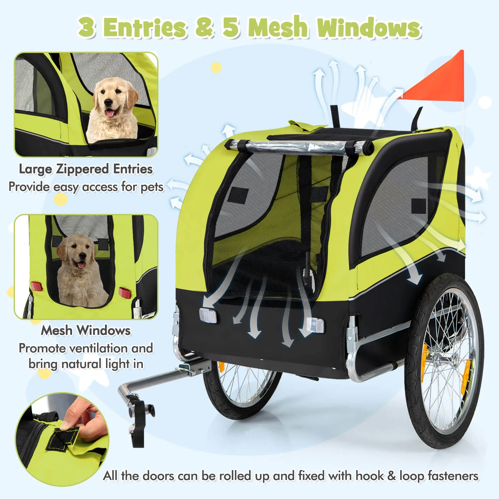 Folding Pet Bike Trailer with 3 Zippered Doors and 8 Reflectors-Green