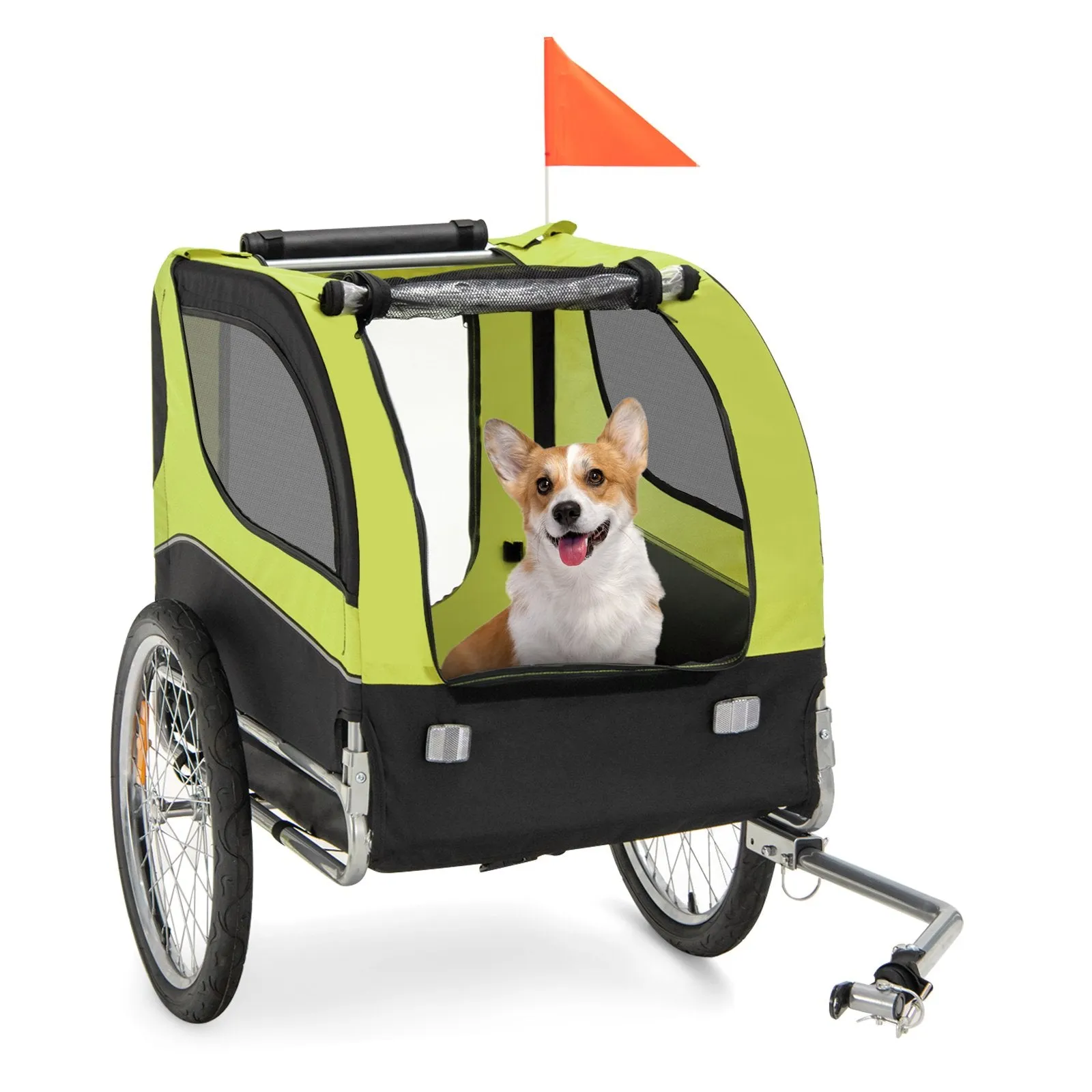 Folding Pet Bike Trailer with 3 Zippered Doors and 8 Reflectors-Green