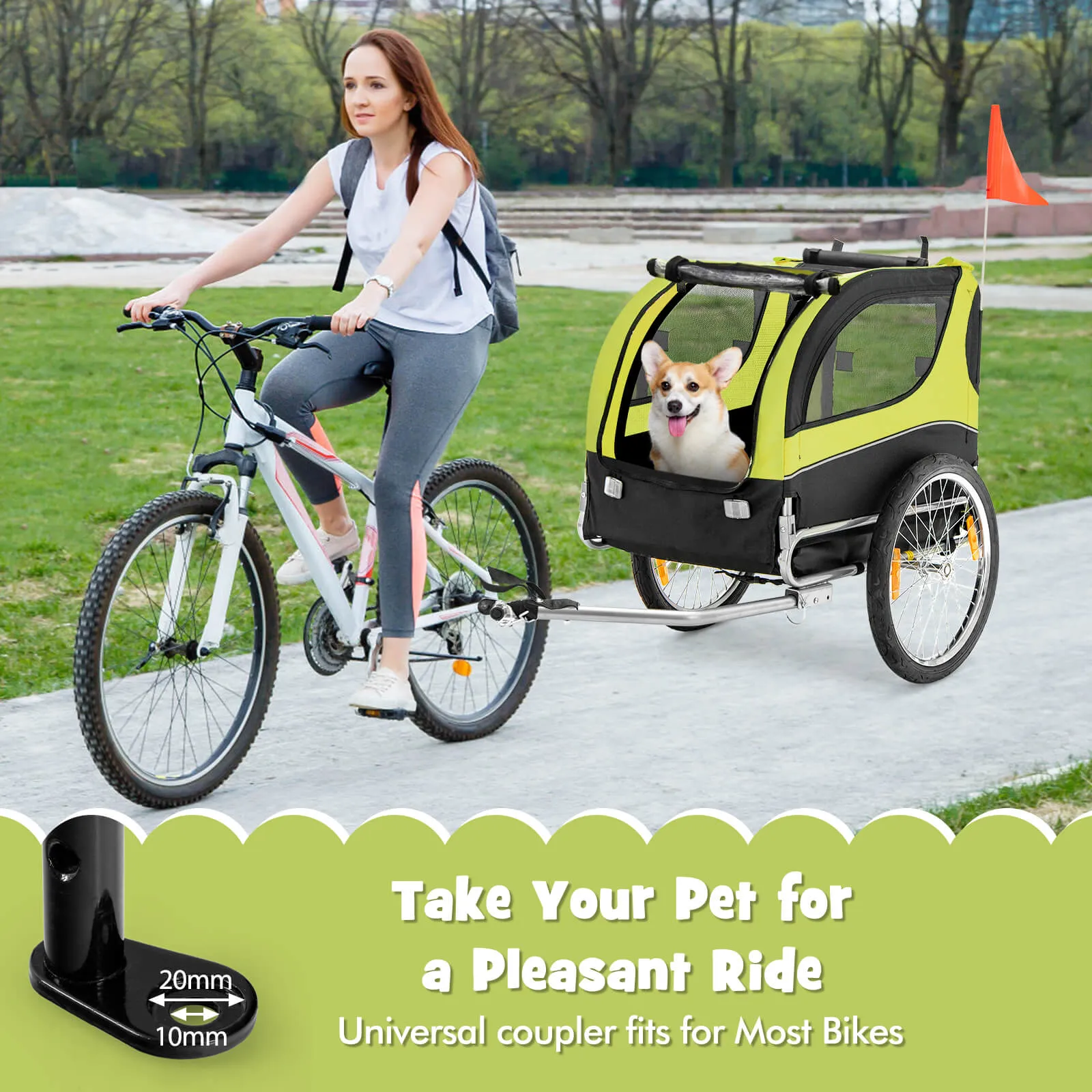 Folding Pet Bike Trailer with 3 Zippered Doors and 8 Reflectors-Green