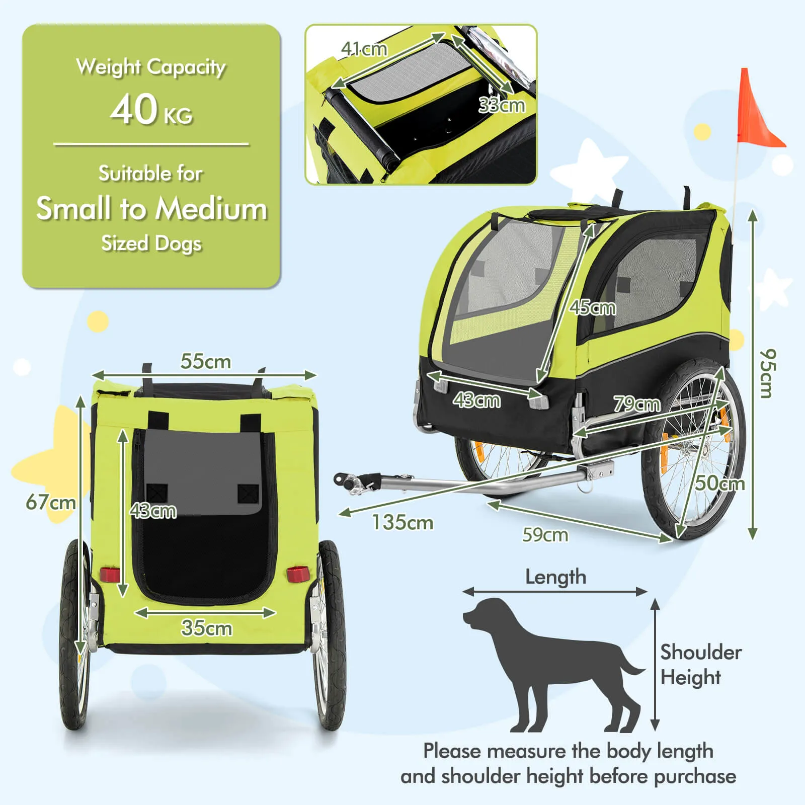 Folding Pet Bike Trailer with 3 Zippered Doors and 8 Reflectors-Green