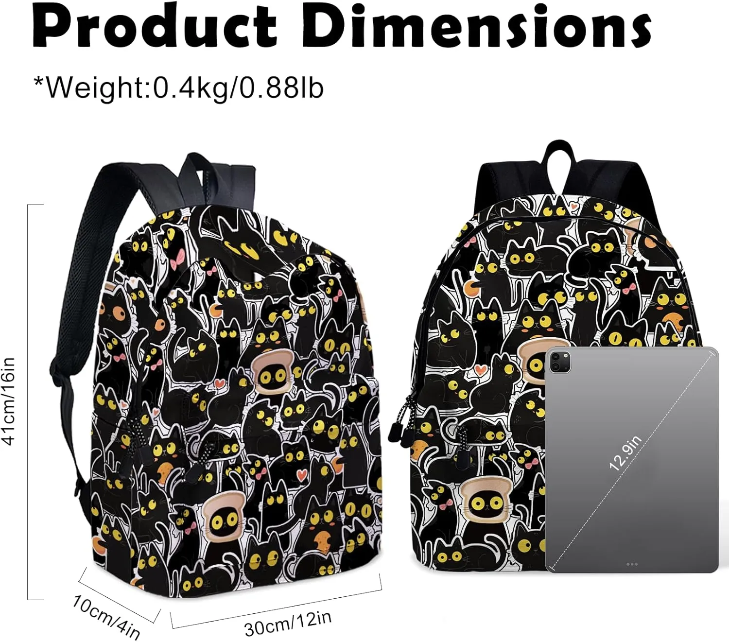 Funny Black Cat School Backpack for Girls Boys Bookbag, 16 Inch Animals Theme Laptop Back Pack for School Travel Hiking Camping