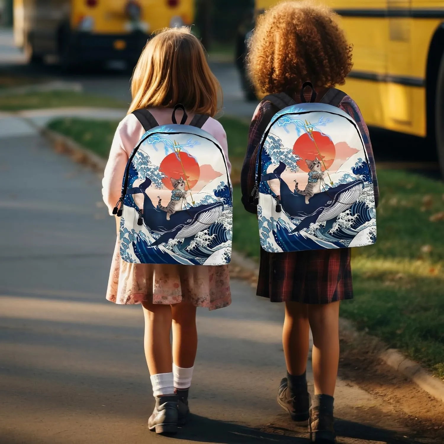Funny Cat Whale School Backpack for Girls Boys, Cute Cat Riding Whale Backpack for School, Kids Whales Cats Print Bookbag, 16 Inch Animals Theme Laptop Back Pack for School Travel Hiking Camping