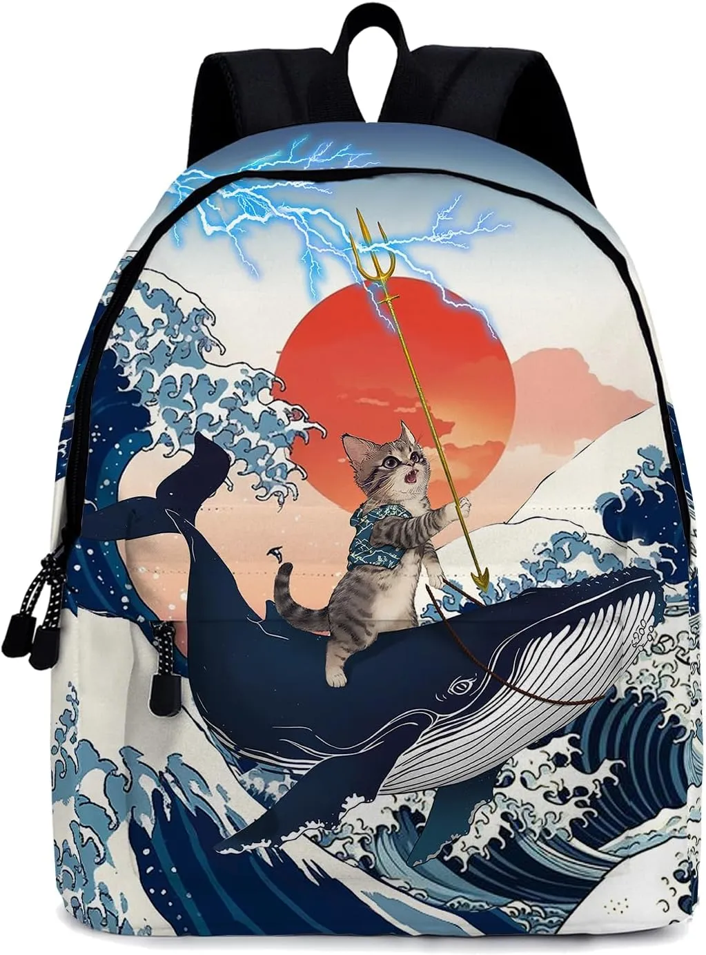 Funny Cat Whale School Backpack for Girls Boys, Cute Cat Riding Whale Backpack for School, Kids Whales Cats Print Bookbag, 16 Inch Animals Theme Laptop Back Pack for School Travel Hiking Camping