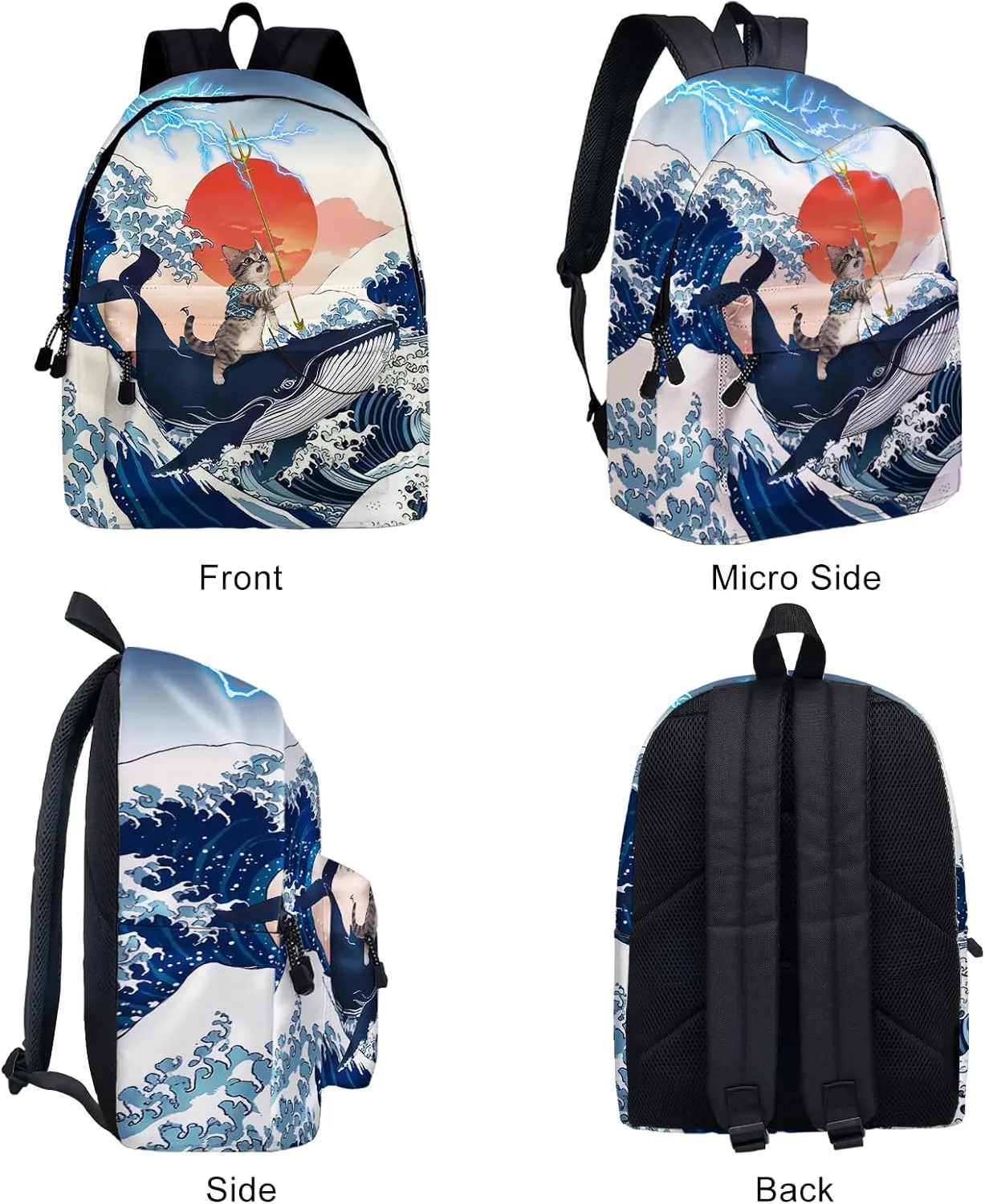 Funny Cat Whale School Backpack for Girls Boys, Cute Cat Riding Whale Backpack for School, Kids Whales Cats Print Bookbag, 16 Inch Animals Theme Laptop Back Pack for School Travel Hiking Camping