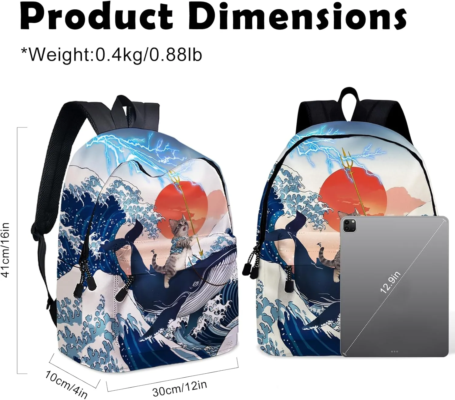 Funny Cat Whale School Backpack for Girls Boys, Cute Cat Riding Whale Backpack for School, Kids Whales Cats Print Bookbag, 16 Inch Animals Theme Laptop Back Pack for School Travel Hiking Camping