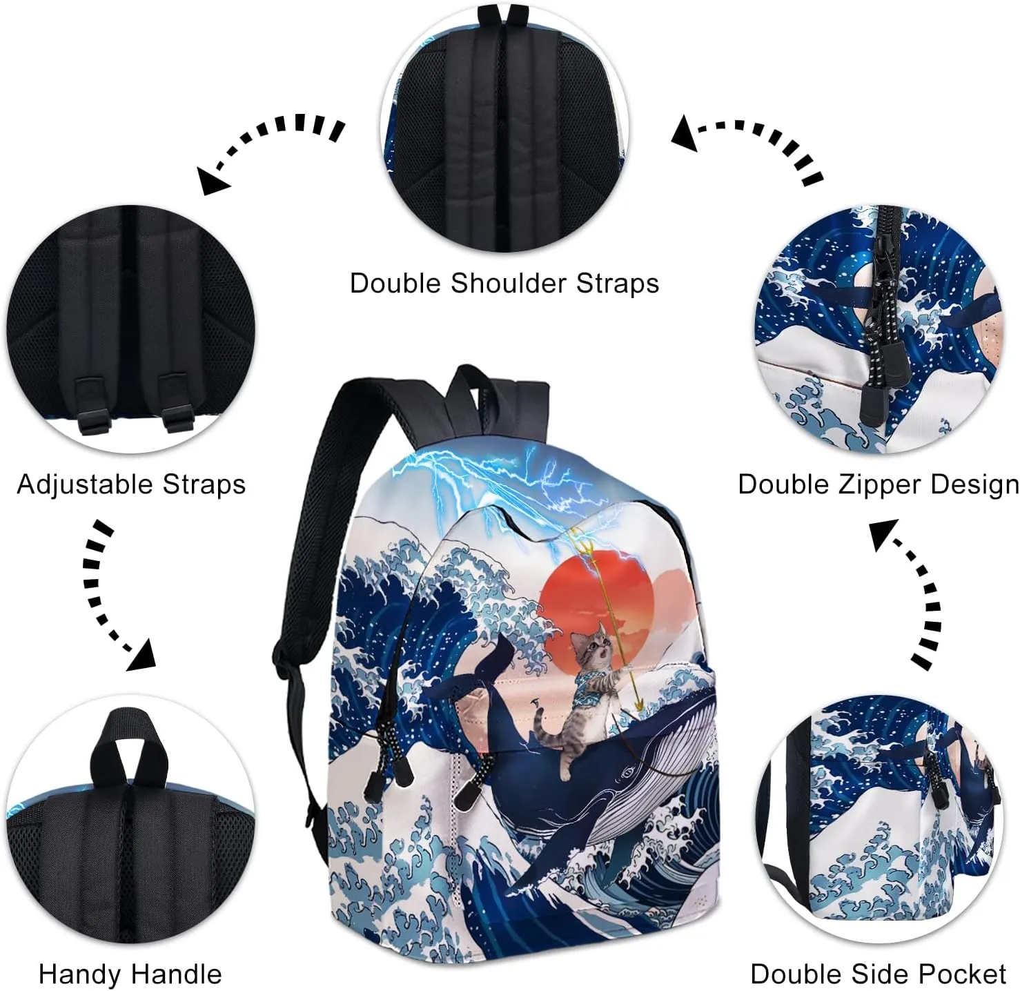 Funny Cat Whale School Backpack for Girls Boys, Cute Cat Riding Whale Backpack for School, Kids Whales Cats Print Bookbag, 16 Inch Animals Theme Laptop Back Pack for School Travel Hiking Camping