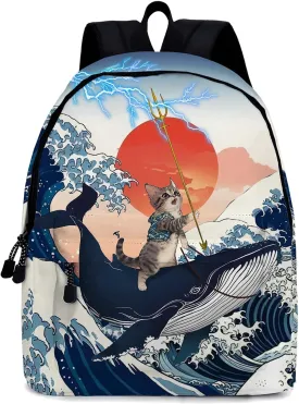 Funny Cat Whale School Backpack for Girls Boys, Cute Cat Riding Whale Backpack for School, Kids Whales Cats Print Bookbag, 16 Inch Animals Theme Laptop Back Pack for School Travel Hiking Camping