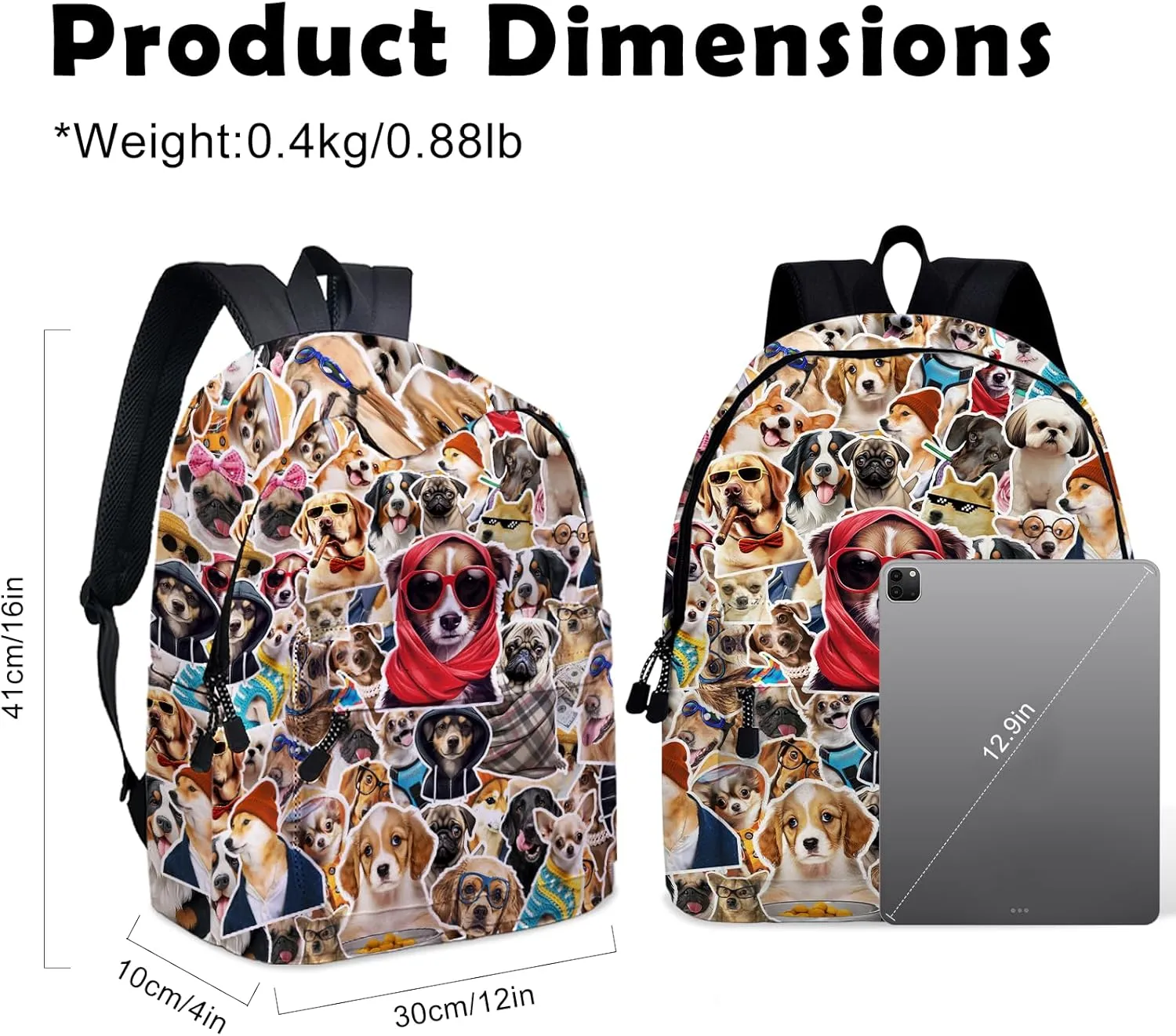 Funny Dog School Backpack for Girls Boys, Dog Backpack for School Kids Bookbag, 16 Inch Animals Theme Laptop Back Pack for Travel Hiking Camping