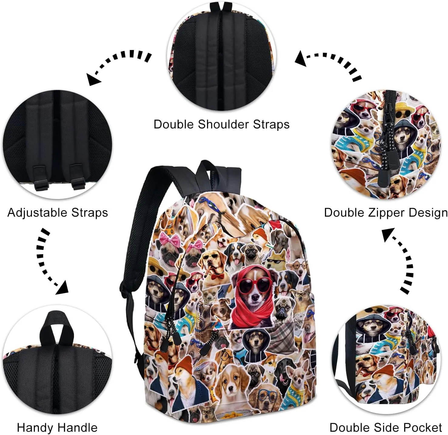 Funny Dog School Backpack for Girls Boys, Dog Backpack for School Kids Bookbag, 16 Inch Animals Theme Laptop Back Pack for Travel Hiking Camping