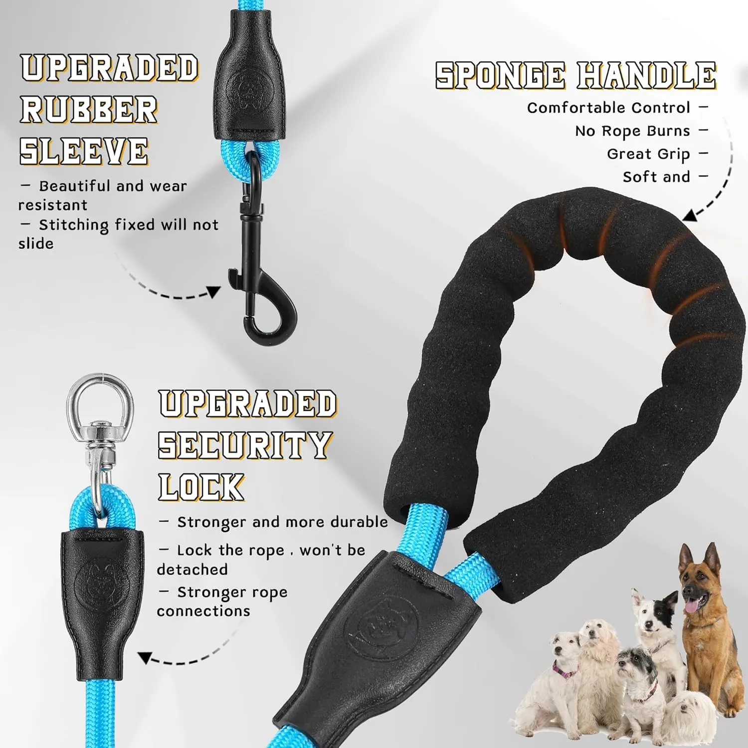Heavy Duty 3 Dog Leash - Double Dog Leash, 360 Swivel, No Tangle, Total Length 59 in for Walking & Training Dual Dogs/Three Dogs (Blue, L)
