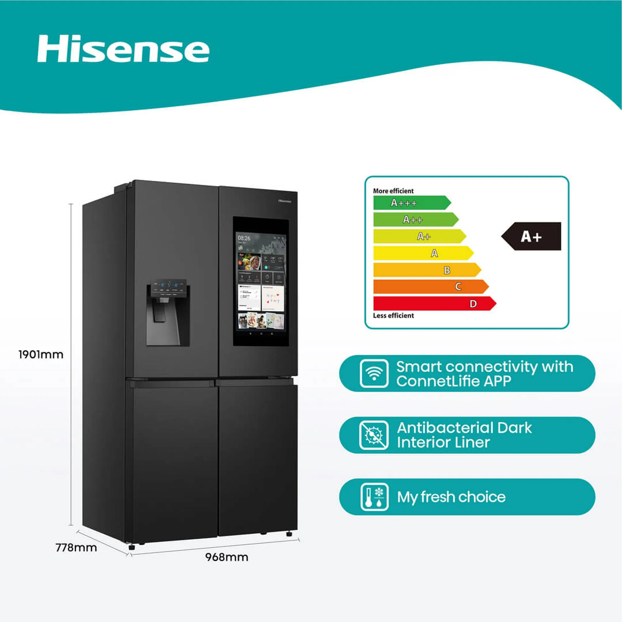 Hisense 536L Four Door Water Dispenser Fridge Black