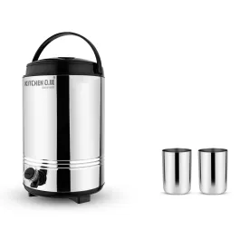 KITCHEN CLUE Smart Pack (Stainless Steel Insulated Water Containers 10 Liter with 2 Pcs Glass Set) - Highly Durable & Unbreakable - Hot and Cold Up to 4-5 Hours - Thermosteel Water Camper