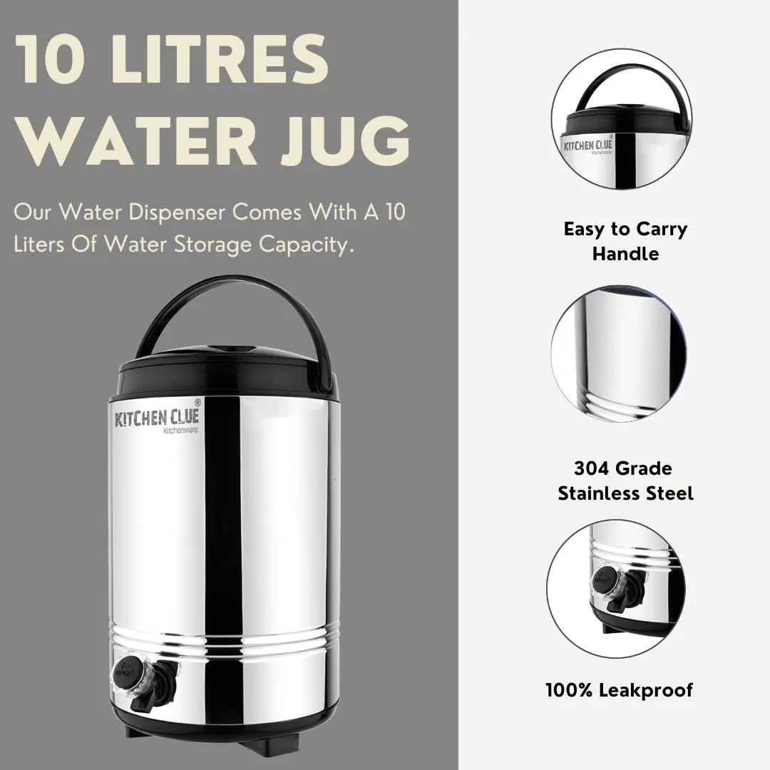 KITCHEN CLUE Smart Pack (Stainless Steel Insulated Water Containers 10 Liter with 2 Pcs Glass Set) - Highly Durable & Unbreakable - Hot and Cold Up to 4-5 Hours - Thermosteel Water Camper