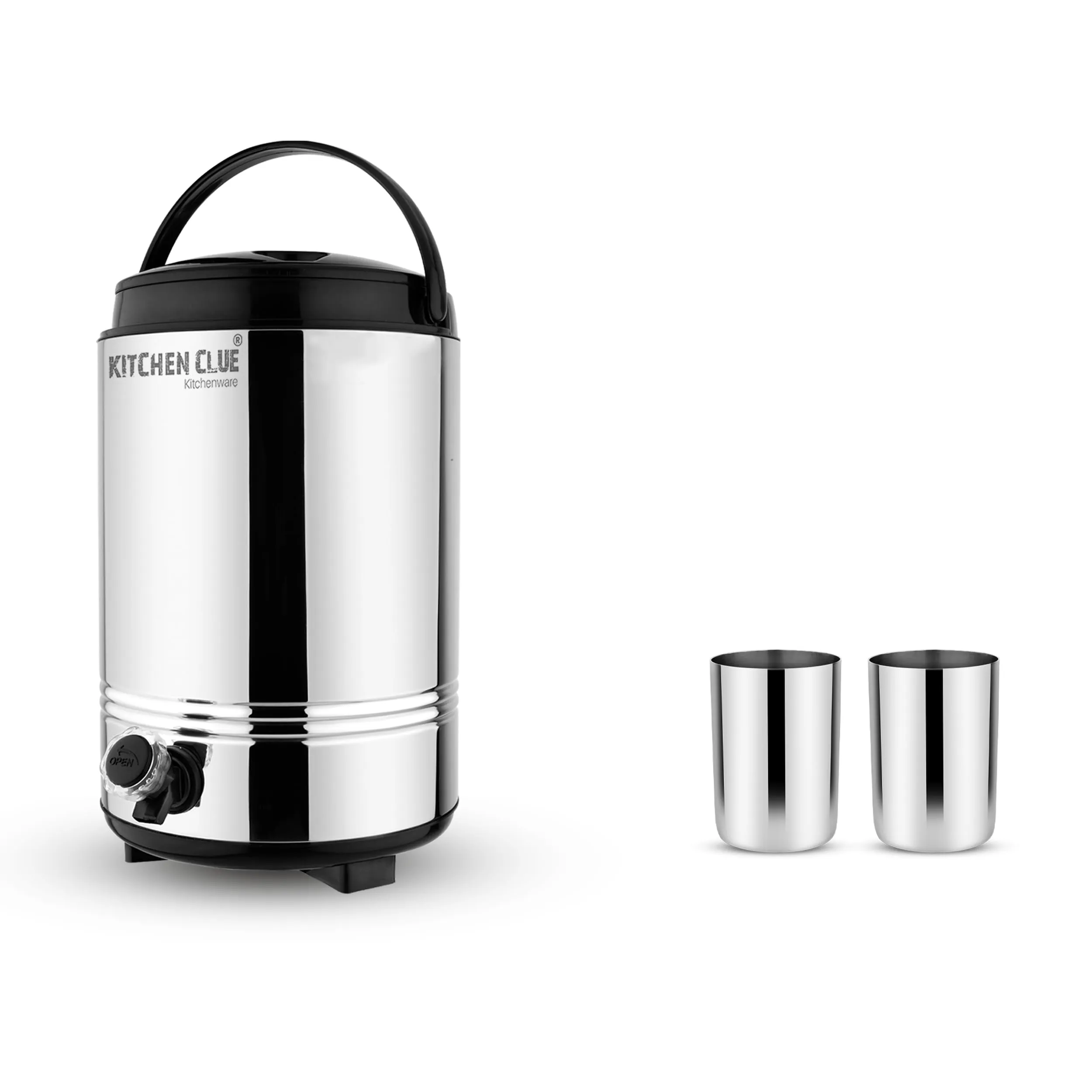 KITCHEN CLUE Smart Pack (Stainless Steel Insulated Water Containers 10 Liter with 2 Pcs Glass Set) - Highly Durable & Unbreakable - Hot and Cold Up to 4-5 Hours - Thermosteel Water Camper