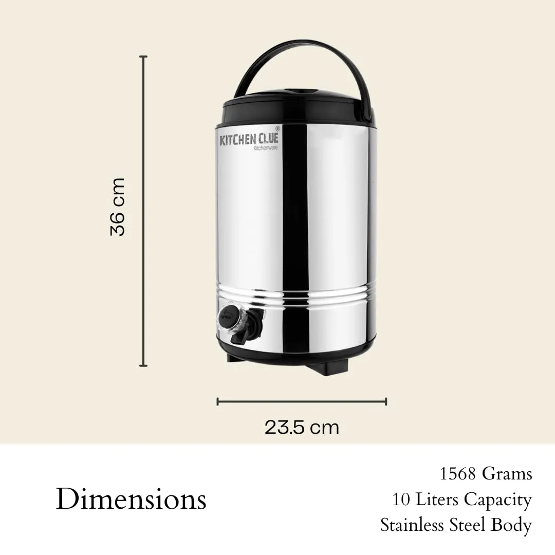 KITCHEN CLUE Smart Pack (Stainless Steel Insulated Water Containers 10 Liter with 2 Pcs Glass Set) - Highly Durable & Unbreakable - Hot and Cold Up to 4-5 Hours - Thermosteel Water Camper