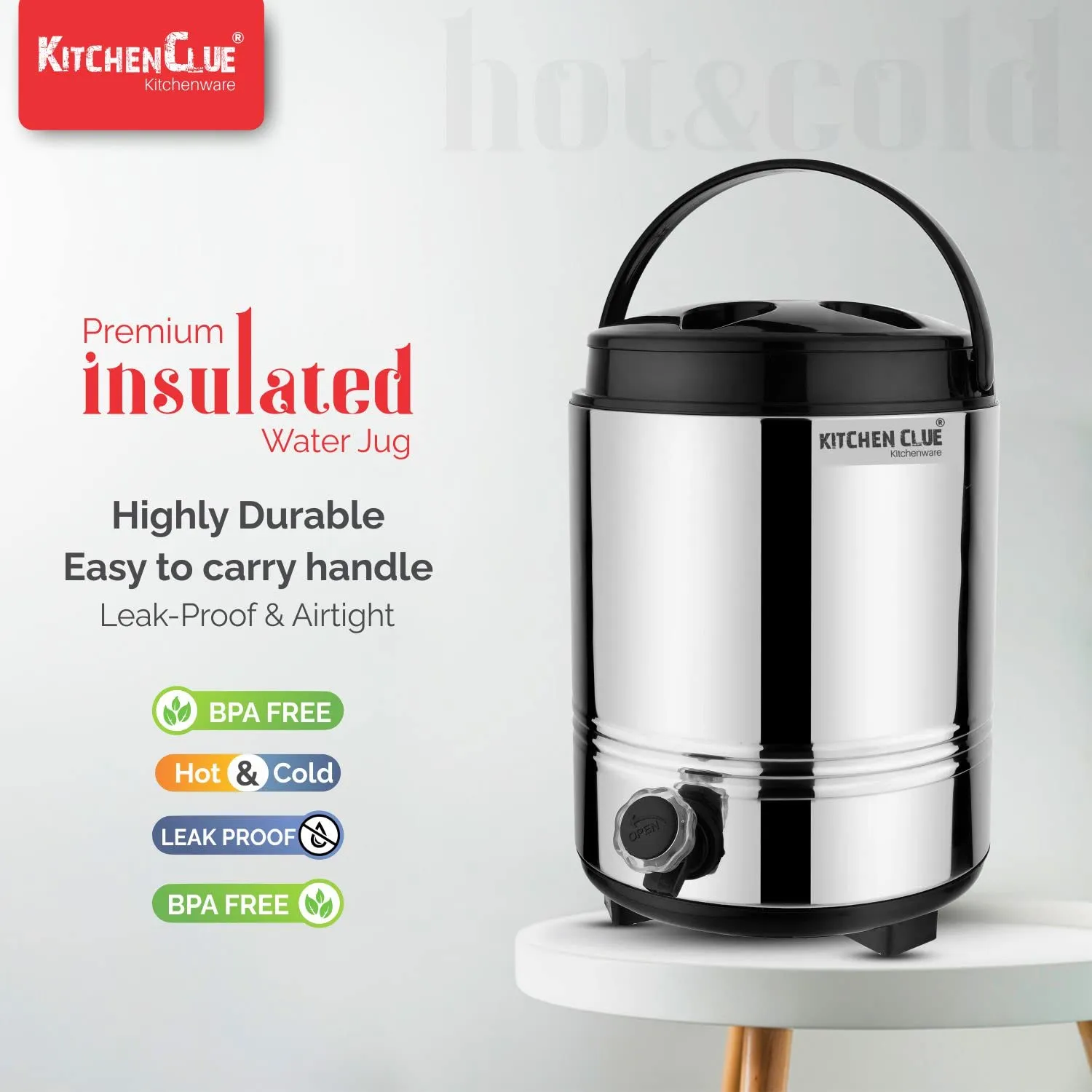 KITCHEN CLUE Smart Pack (Stainless Steel Insulated Water Containers 10 Liter with 2 Pcs Glass Set) - Highly Durable & Unbreakable - Hot and Cold Up to 4-5 Hours - Thermosteel Water Camper