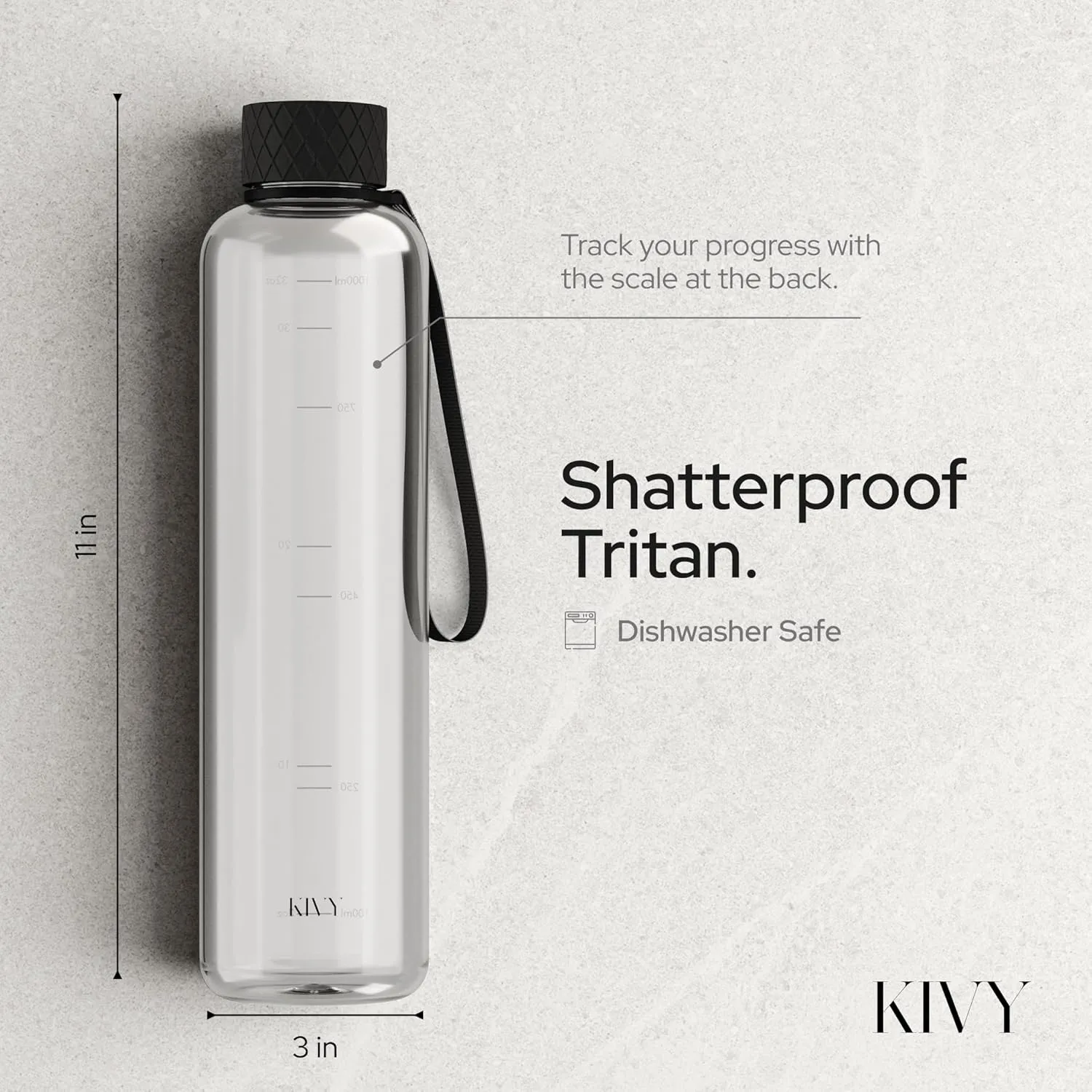 KIVY Slim Water Bottle 32oz [Lightweight & Shatterproof] Fits Backpack & Cupholder for Travel, Sports, School, Gym - Clear water bottle with measurements - Transparent Tritan Black - Dishwasher Safe