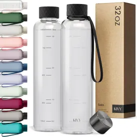 KIVY Slim Water Bottle 32oz [Lightweight & Shatterproof] Fits Backpack & Cupholder for Travel, Sports, School, Gym - Clear water bottle with measurements - Transparent Tritan Black - Dishwasher Safe