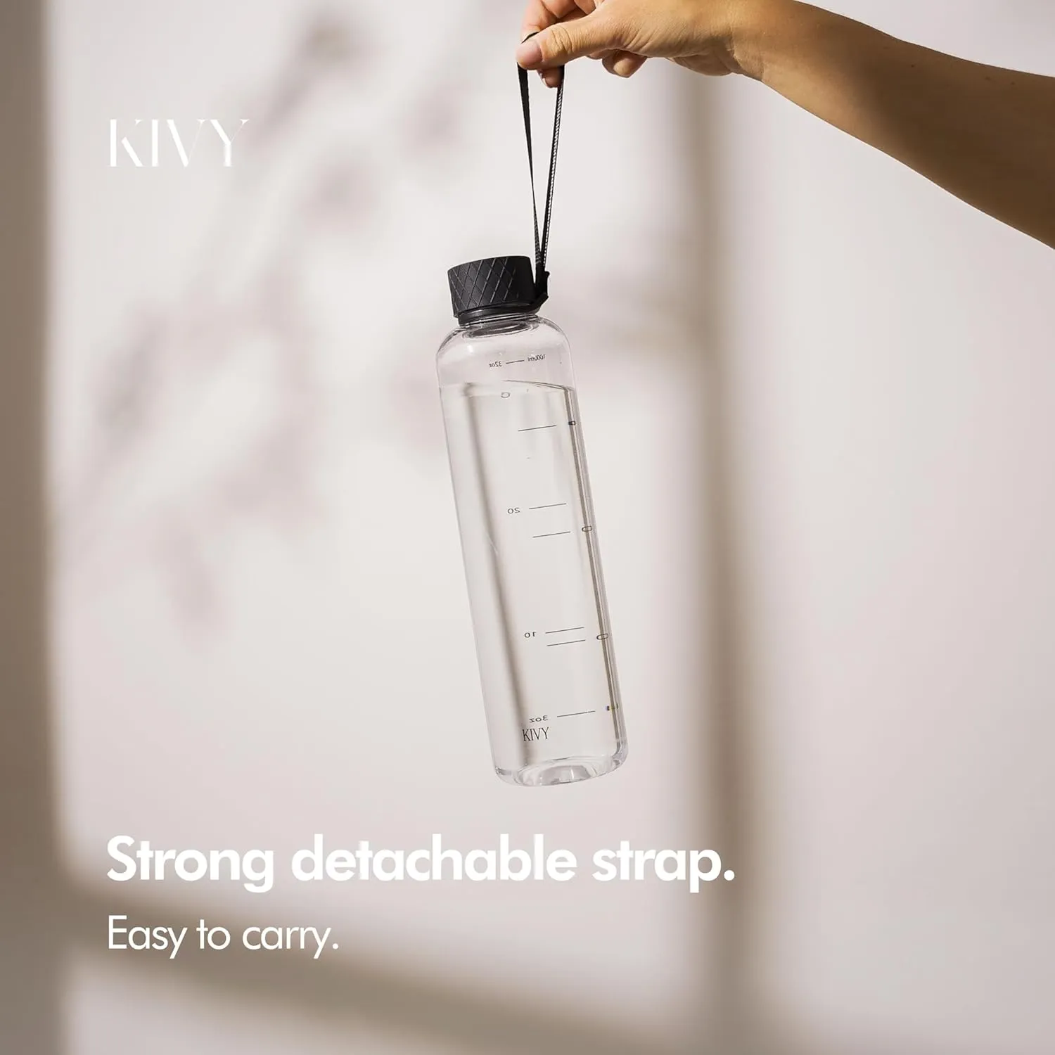 KIVY Slim Water Bottle 32oz [Lightweight & Shatterproof] Fits Backpack & Cupholder for Travel, Sports, School, Gym - Clear water bottle with measurements - Transparent Tritan Black - Dishwasher Safe