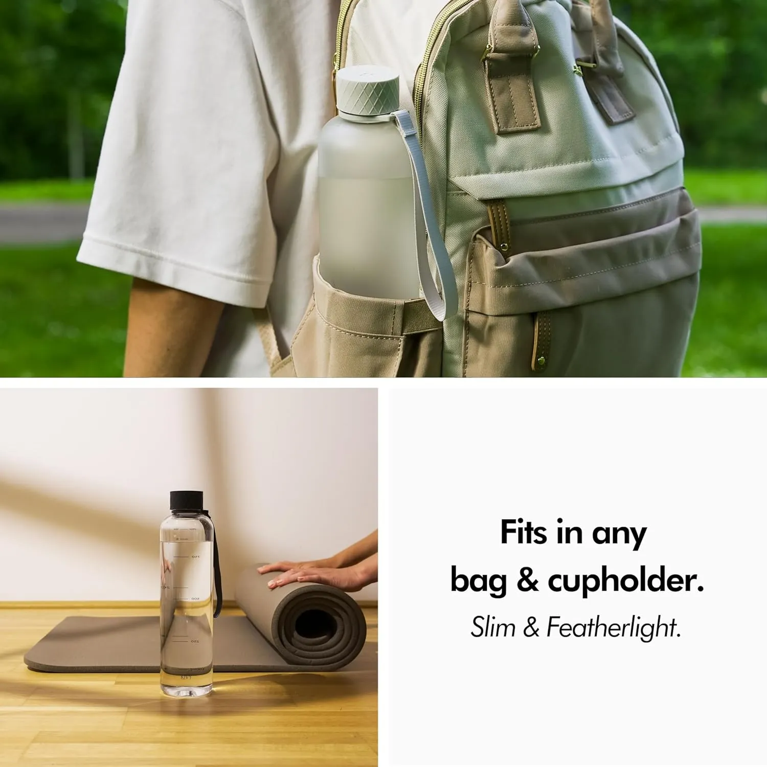 KIVY Slim Water Bottle 32oz [Lightweight & Shatterproof] Fits Backpack & Cupholder for Travel, Sports, School, Gym - Clear water bottle with measurements - Transparent Tritan Black - Dishwasher Safe