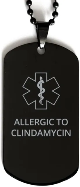 Medical Alert Black Dog Tag, Allergic to Clindamycin Awareness, SOS Emergency Health Life Alert ID Engraved Stainless Steel Chain Necklace for Men Women Kids