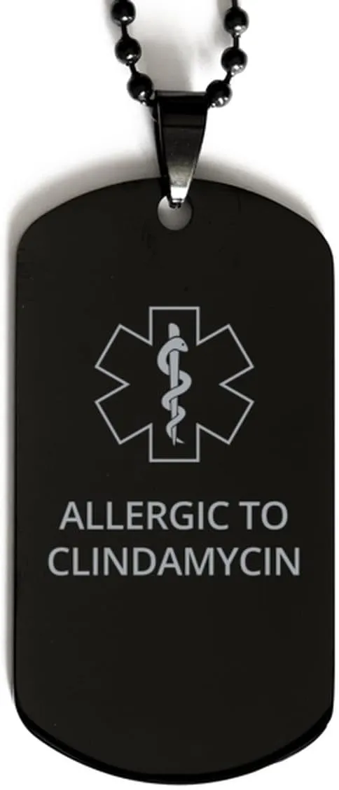 Medical Alert Black Dog Tag, Allergic to Clindamycin Awareness, SOS Emergency Health Life Alert ID Engraved Stainless Steel Chain Necklace for Men Women Kids