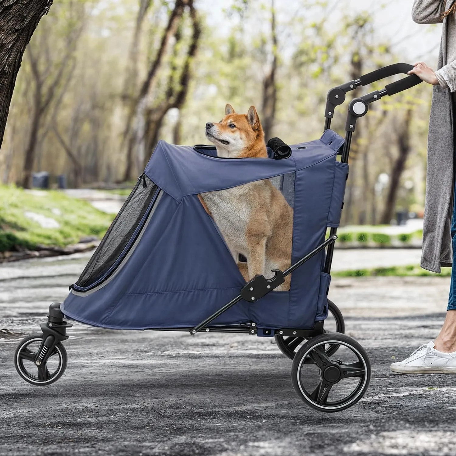 MoNiBloom Pet Stroller for Large Dogs or Multiple Dogs Cats with Adjustable Handle, 3-Wheels Dual Entry Portable Dog Carting Easy Folding Pet Wagon Double Dog Stroller up to 55 lbs, Navy Blue
