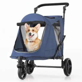 MoNiBloom Pet Stroller for Large Dogs or Multiple Dogs Cats with Adjustable Handle, 3-Wheels Dual Entry Portable Dog Carting Easy Folding Pet Wagon Double Dog Stroller up to 55 lbs, Navy Blue
