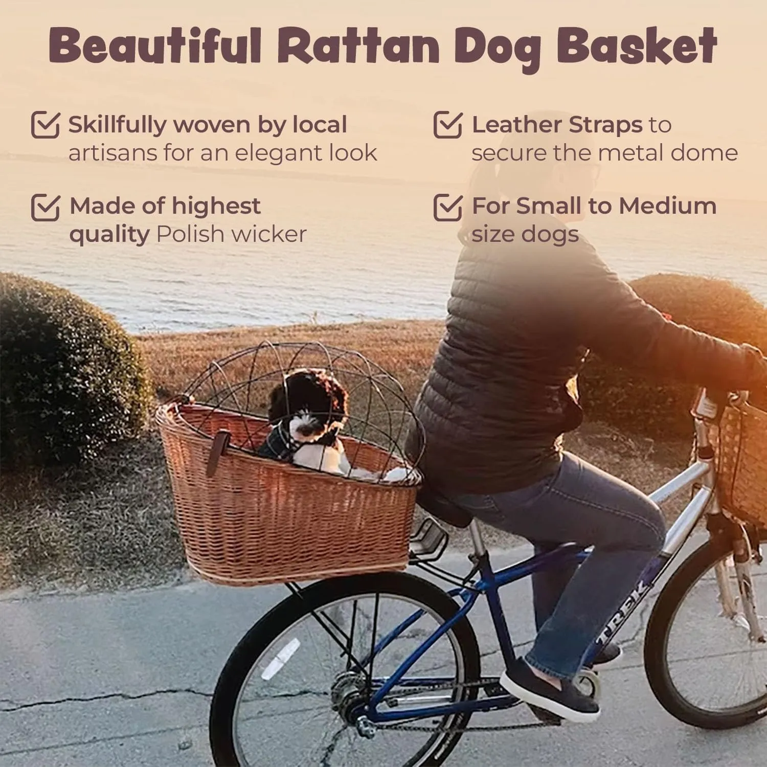 Natural Wicker Dog Bike Basket - 100% Organic Rattan Pet Carrier with Protective Grille - Eco Friendly Design - Soft Cotton Cushion & Mounting Bracket for Secure Bicycle Rear Luggage Rack