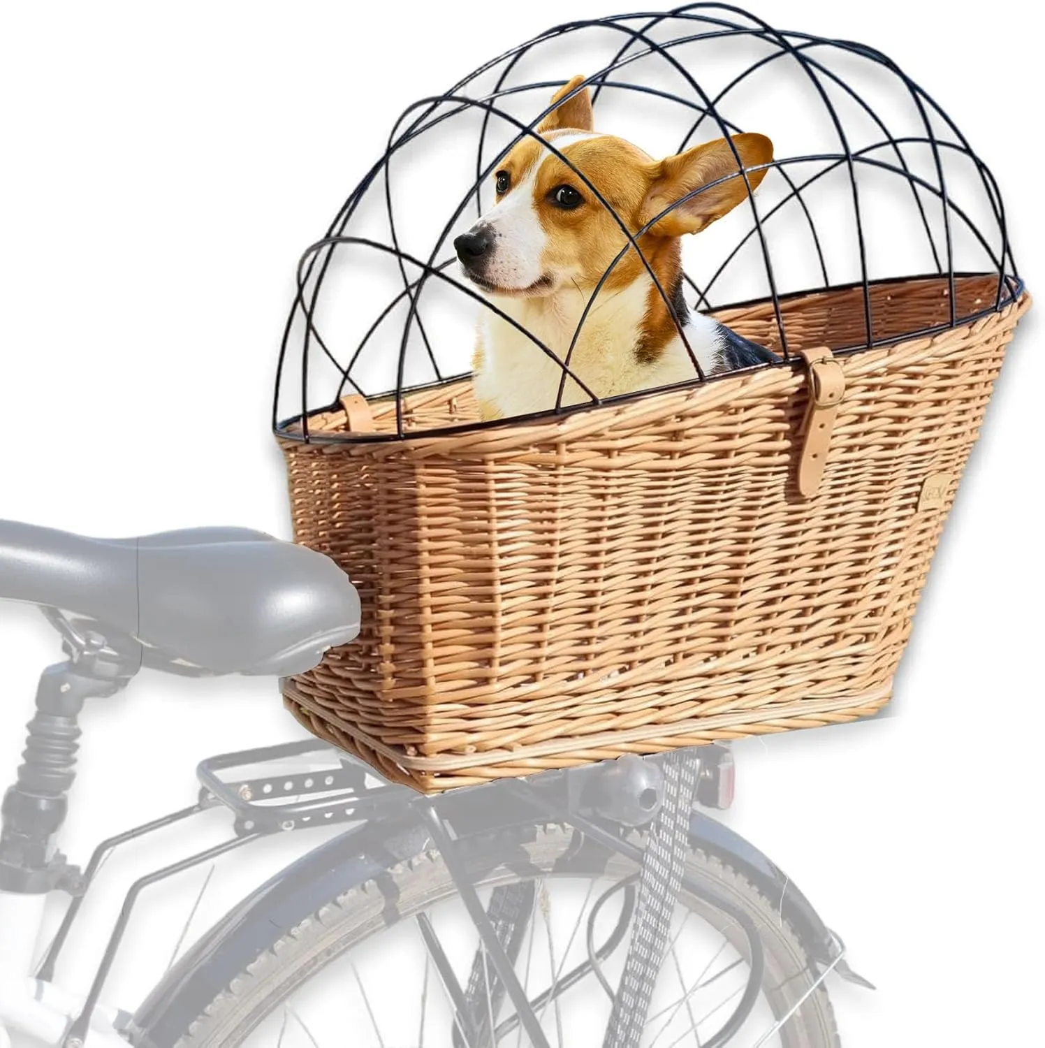Natural Wicker Dog Bike Basket - 100% Organic Rattan Pet Carrier with Protective Grille - Eco Friendly Design - Soft Cotton Cushion & Mounting Bracket for Secure Bicycle Rear Luggage Rack