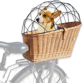 Natural Wicker Dog Bike Basket - 100% Organic Rattan Pet Carrier with Protective Grille - Eco Friendly Design - Soft Cotton Cushion & Mounting Bracket for Secure Bicycle Rear Luggage Rack