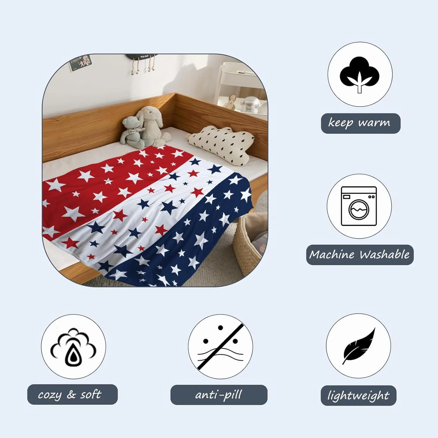 Neatee Living Patriotic Throw Blanket Baby Small 4th of July Memorial Day Fourth of July American Freedom Blanket for Swaddle Toddler Pet Veteran Day Red White Blue Stars Fleece Blanket 30x40