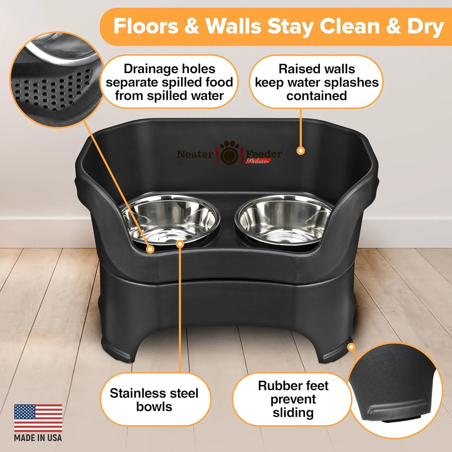 Neater Feeder Deluxe Mess Proof Dog Bowls Elevated for Large Breed  Made in USA  No Spill Raised Dog Food Bowl Stand  Stainless Steel Food and Water Bowl Set, Pet Dish Feeding Station, Black