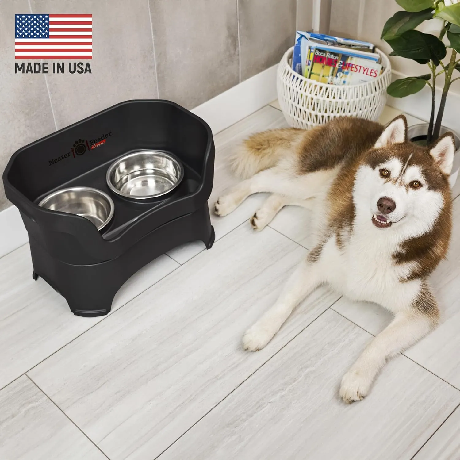 Neater Feeder Deluxe Mess Proof Dog Bowls Elevated for Large Breed  Made in USA  No Spill Raised Dog Food Bowl Stand  Stainless Steel Food and Water Bowl Set, Pet Dish Feeding Station, Black