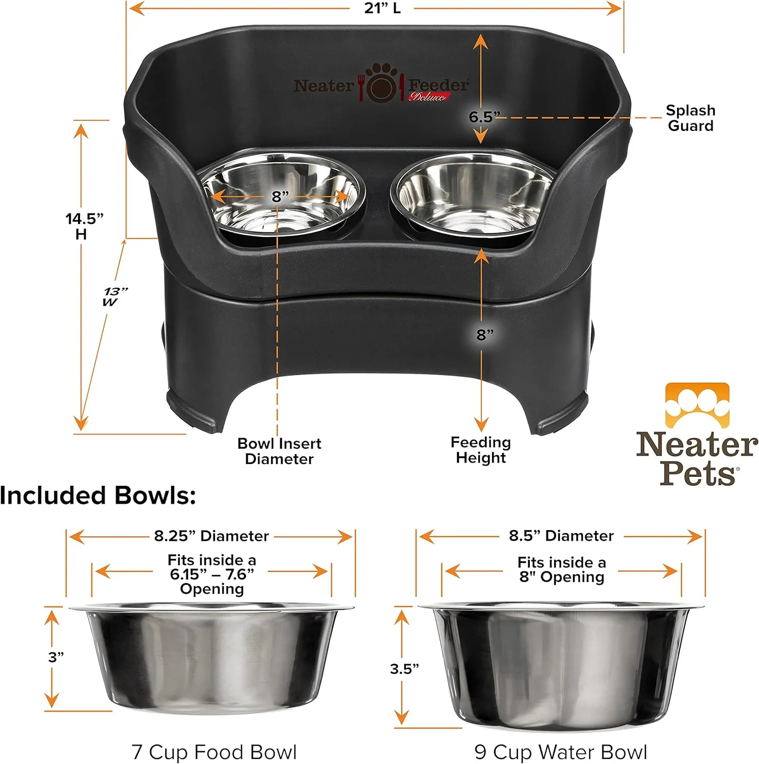 Neater Feeder Deluxe Mess Proof Dog Bowls Elevated for Large Breed  Made in USA  No Spill Raised Dog Food Bowl Stand  Stainless Steel Food and Water Bowl Set, Pet Dish Feeding Station, Black