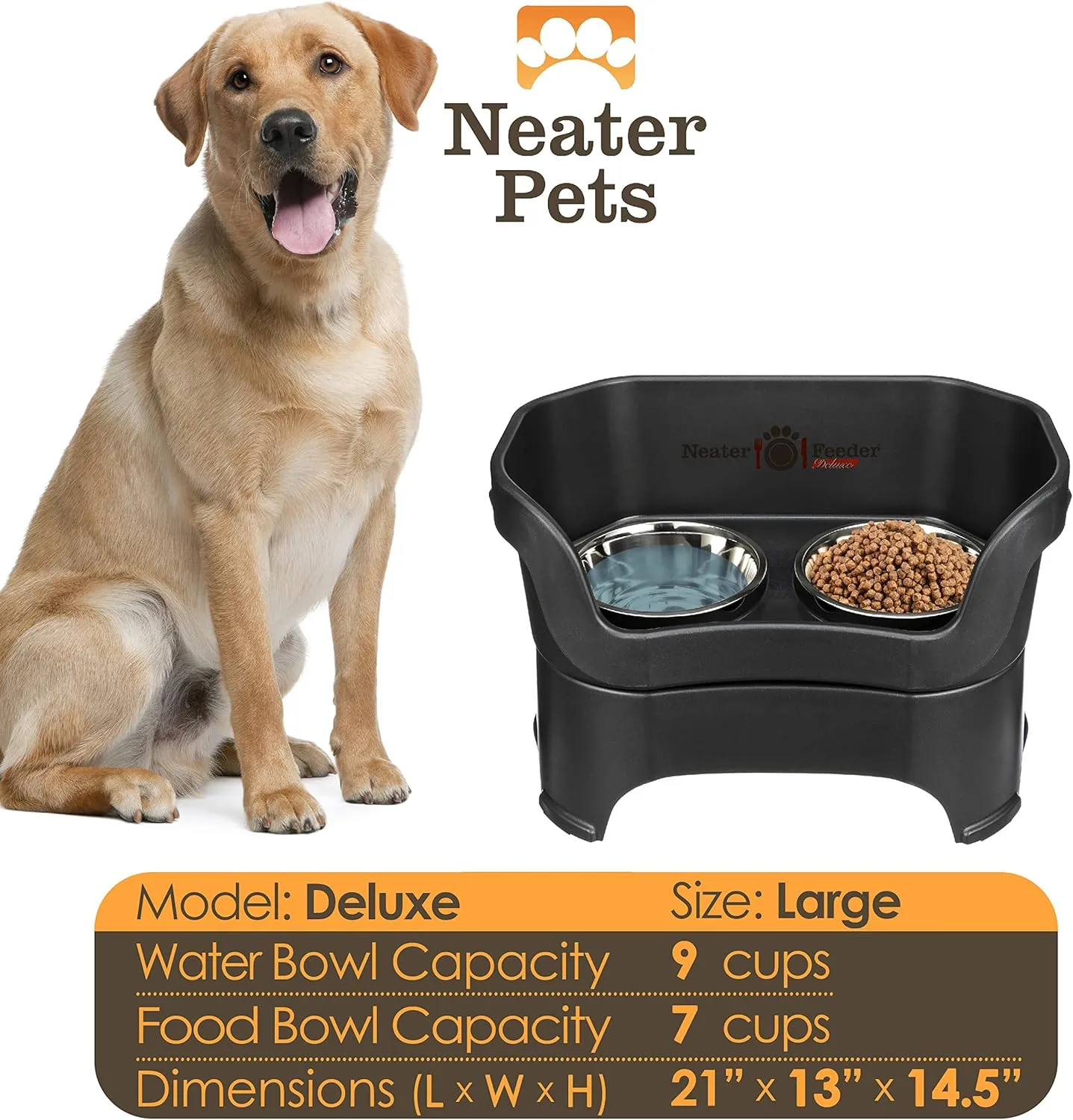 Neater Feeder Deluxe Mess Proof Dog Bowls Elevated for Large Breed  Made in USA  No Spill Raised Dog Food Bowl Stand  Stainless Steel Food and Water Bowl Set, Pet Dish Feeding Station, Black