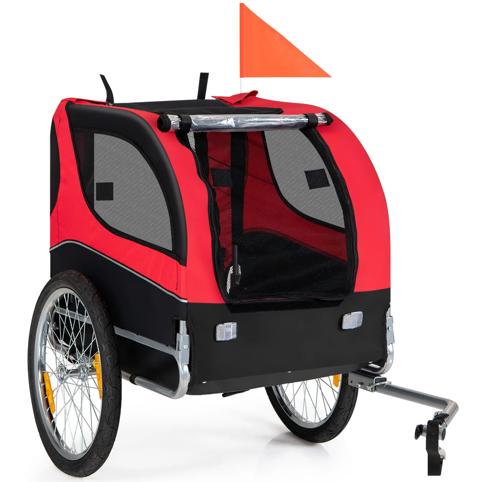 NNECW Folding Pet Bike Trailer with 3 Zippered Doors and 8 Reflectors-Red